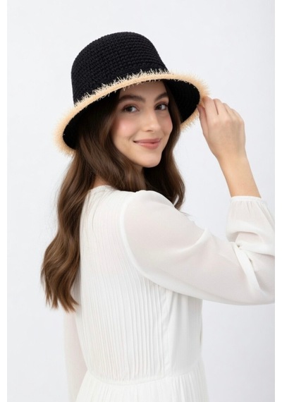 Mollycrush Yazlık Hediye Hasır Saman Detaylı Siyah Şapka Güneş Koruyucu Bucket Model Siyah