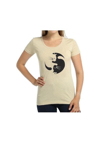 Bant Giyim - Yin Yang Kedi Krem Kadın T-Shirt Tişört