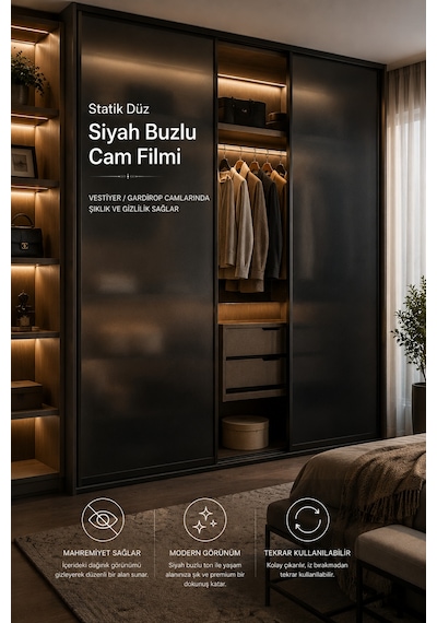 Deconitte Statik Düz Siyah Buzlu Cam Filmi 60x100 Cm Yapışkansız Mahremiyet Sağlayan Dekoratif Cam Kaplama, Kumlama