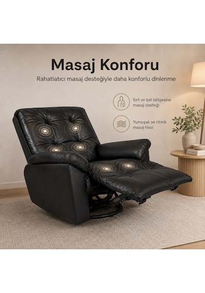Smarto Relax Basel Elektrikli Masajlı Döner Sallanan Tv Koltuğu Kontrol Panelli Ergonomik Gerçek Deri Baba Koltuğu Siyah