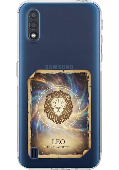 Samsung Galaxy A01 İle Uyumlu Burç Kartları Aslan Tasarımlı Şeffaf Silikon Kılıf Şeffaf