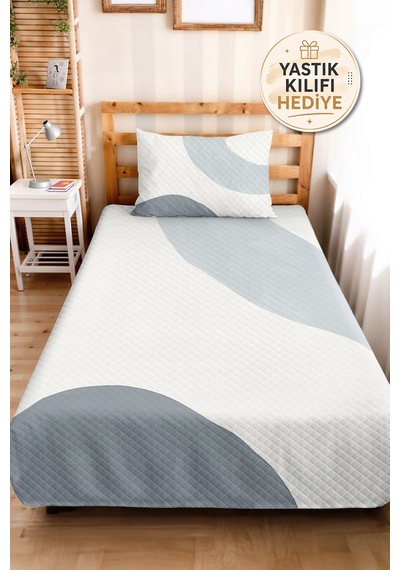 Mavi Geometrik Modern Genç Odası Tek Kişilik Pike Takımı - Gri Minimal 160x220 Cm Yatak Örtüsü Beyaz