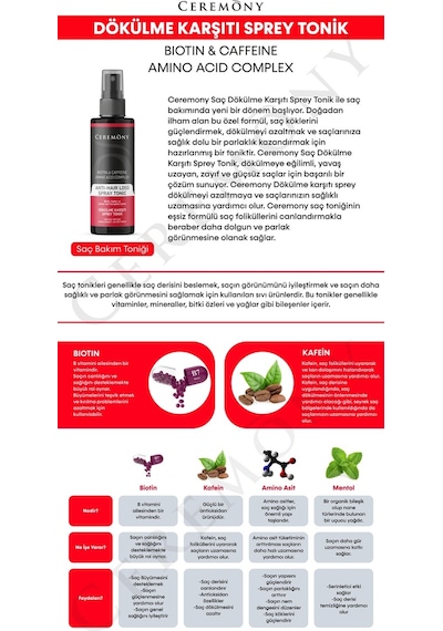 Ceremony Biotin & Caffeine & Amino Acid Complex İçeren Dökülme Karşıtı Sprey Tonik 12 x 250 ML