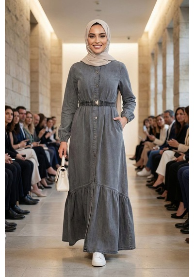 Hb Harma Time Butik Kadın Düğmeli Kuşaklı Koyu Gri Kot Elbise Koyu Gri Koyu Gri