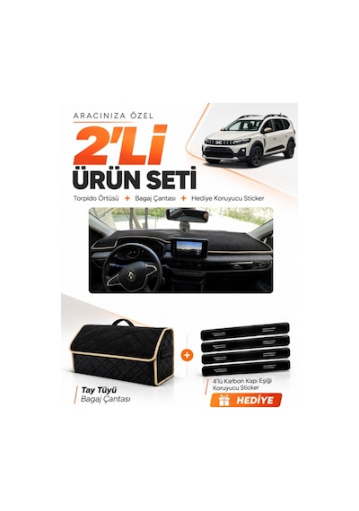 Dacia Jogger Ekranlı 2022-2026 Uyumlu Torpido Örtüsü + Tay Tüyü Bagaj Çantası Seti - Siyah Bej