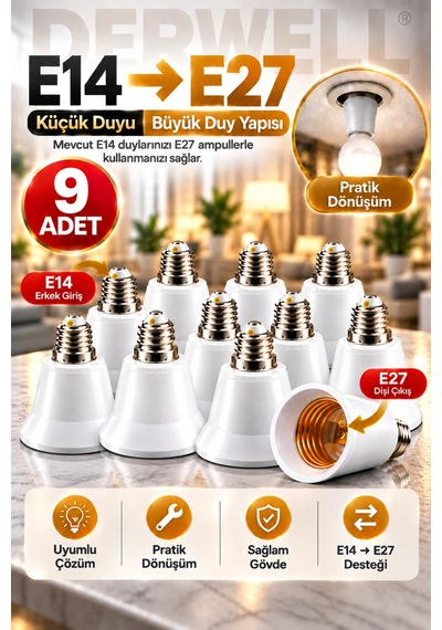 9 Adet E14'ten E27'ye Ampul Duy Dönüştürücü Adaptör - Küçük Duyuyu Büyük Duya Çevirici Aparat, Ev Ve Ofis İçi Pratik Aydınlatma Çözümü, Sağlam Ve Dayanıklı Gövde Yapısı