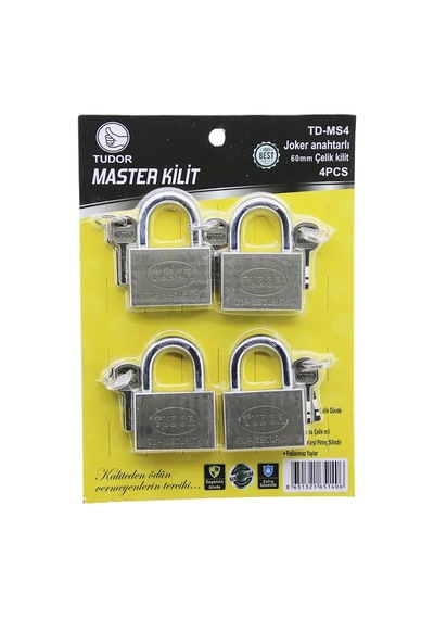 Tudor Td-ms4 Master 4pcs Joker Anahtarlı Tek Anahtarla 4 Kilit Aç 60mm - Gri Kısa Kancalı Çelik Asma Kilit Diğer