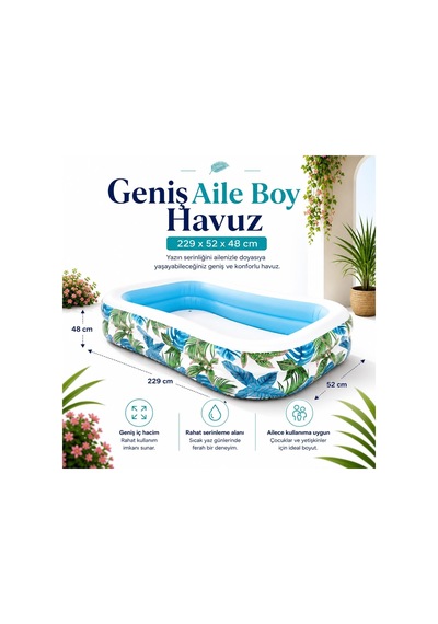 Yaprak Desenli Tropik Aile Havuzu 229 X 52 X 48 Cm Şişme Dikdörtgen Bahçe Havuzu