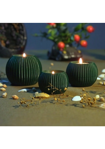 3 Lü Tealight Mumluk Seti Dekoratif Ev & Salon Mumluğu Hediyelik Set Koyu Yeşil