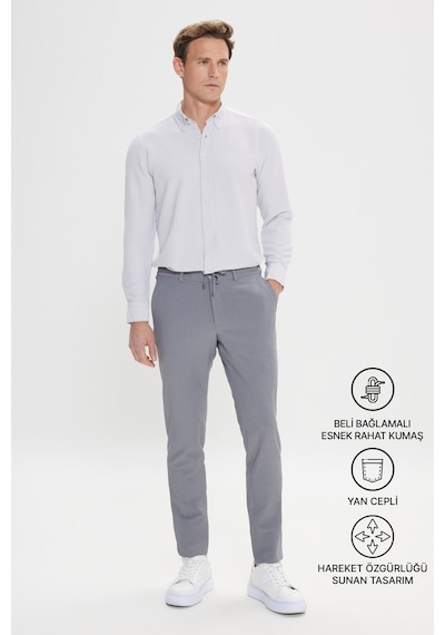 AC&Co / Altınyıldız Classics Erkek Grı Slim Fit Dar Kesim Beli Bağlamalı Yan Cep Gofre Desenli Pantolon Gri