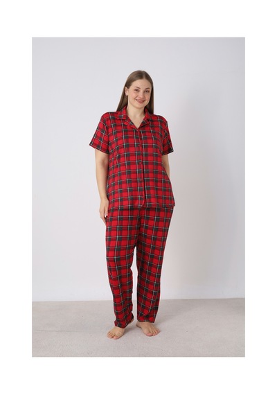 Estiva Kadın Kareli Kırmızı Kısa Kollu Önden Düğmeli Soft Battal Pijama Takımı Çok renkli