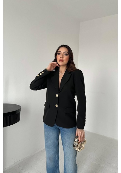 Cemo Kadın Klasik Yaka Gold Düğme Detaylı Blazer Ceket Siyah