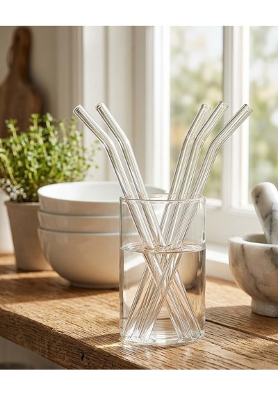 6'li Şeffaf Cam Pipet Seti - 15 Cm Boy Eğri Cam Pipet - Kokteyl, Soğuk Kahve Ve Meşrubat Pipeti