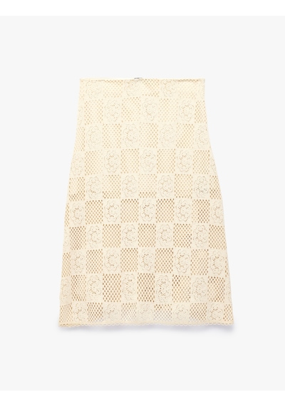 Koton A Kesim Çiçek Motif Detaylı Ajurlu Kroşe Midi Etek Ekru 6sak10339ek
