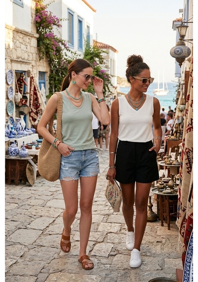 Lela Slim Fit V Yaka Kalın Askılı 2' Li Paket Bayan Bluz 5864384S2 Ekru-Çağla