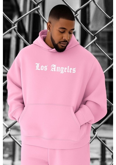 Benroma 3 İplik Penye Los Angeles Baskılı Büyük Beden Sweatshırt Pembe