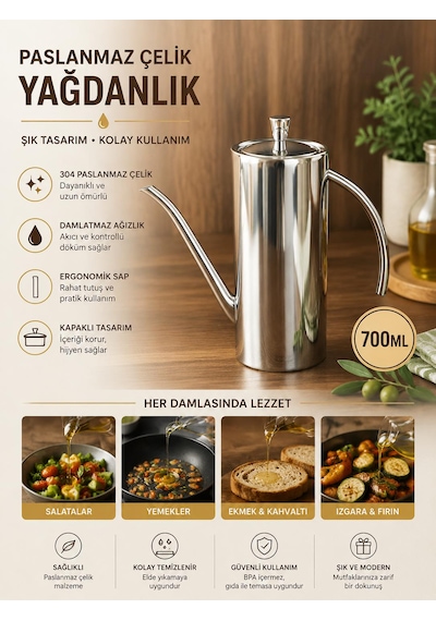 304 Lüks Paslanmaz Çelik Yağdanlık-demlik 700 Ml ,ateşe Uygun & Şık Sofra & Mutfak Kullanımı Çelik 2 Li