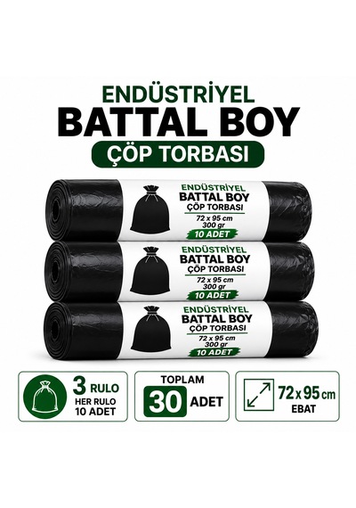 Endüstriyel Çöp Torbası Battal Boy 72x95 Cm 30 Adet 3 Rulo Sızdırmaz Kalın 300 Gram