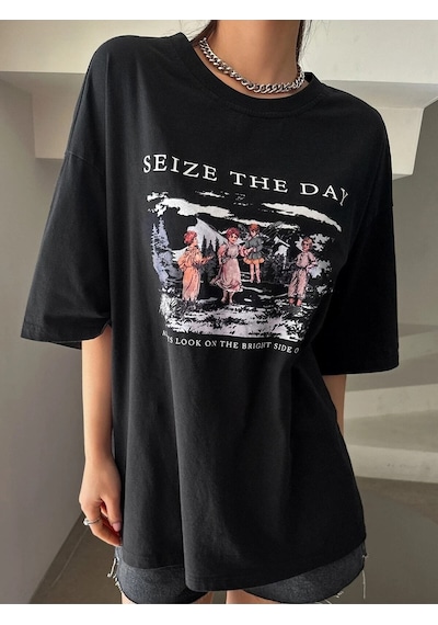 Flood Of Style Kadın Siyah Seize The Day Baskılı Oversize T-shirt