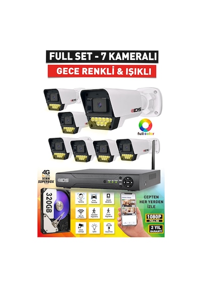 7 Kameralı 1080p Fullhd 5mp Lensli 9 Led Renkli Gece Görüşlü Güvenlik Kamerası Seti - 320gb