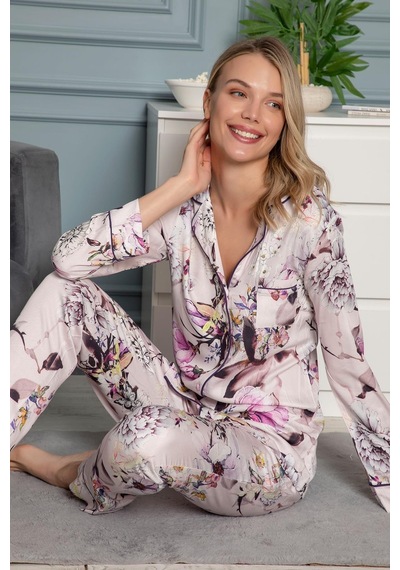 Monamise Kadın Çiçek Desenli Gömlek Yakalı Önü Boydan Düğmeli Pijama Takımı 18401-mor Mor