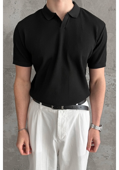 Erkek Petek Desen Polo Yaka Triko T-shirt Siyah