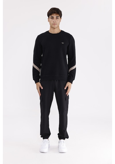 Rowinger Kol Şerit Detaylı Yuvarlak Yaka Göğüs Logolu Rahat Kalıp Mevsimlik Sweatshirt Black