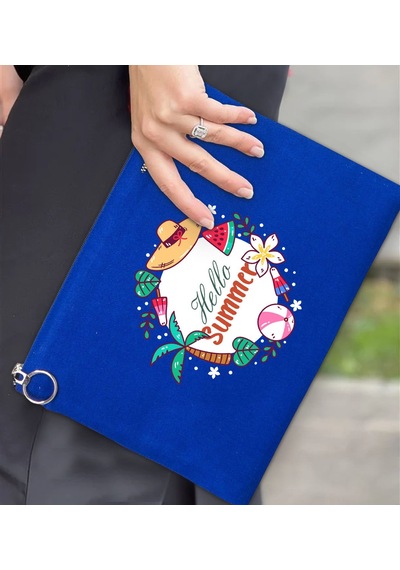 Bk Gift Yaz Temalı-4 Astarlı Mavi Portföy Çanta 30x21cm, Baskılı El Çantası, Organizer Çanta