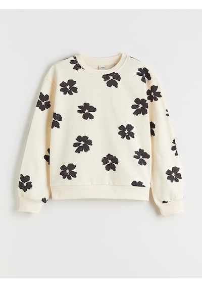 LC Waikiki Lcw Kids Ekru Bisiklet Yaka Çiçekli Kız Çocuk Sweatshirt 2'li Ecru Prınted