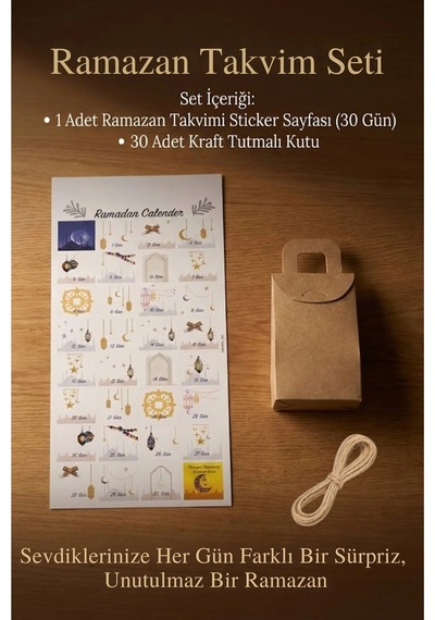 Ramazan Takvim Seti - 30 Günlük Advent Calendar Sticker - 30 Adet Kraft El Geçme Çanta - 10m Jüt İp