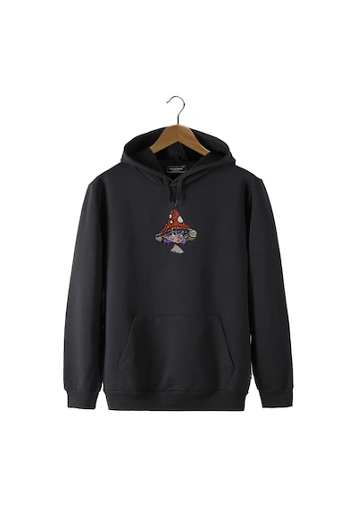 Unisex Siyah Kapüşonlu Önü Mantar Şapkalı Baskılı Slim Fit Kanguru Cepli Sweatshirt Siyah