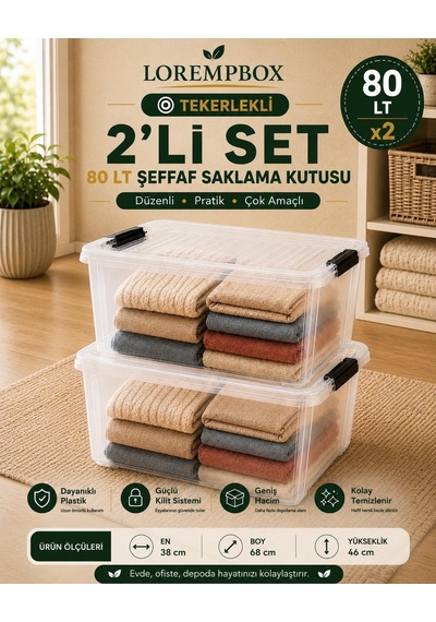 Lorempbox 80 Lt Tekerlekli Şeffaf Saklama Kutusu 2'li Set Diğer