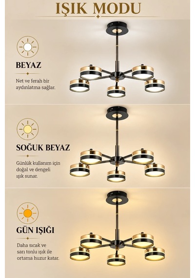 Modern Premium 5li Gold 3 Renkli Ledli Sarkıt Avizesi Salon Mutfak Oturma Odası Şık Modelleri 100w Siyah