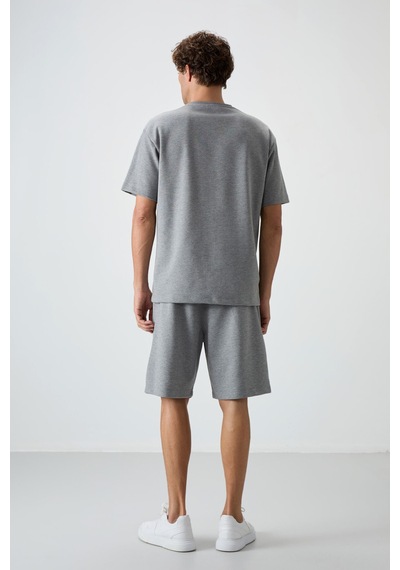 Tommy Life Gri Melanj Pamuklu Kalın Yumuşak Dokulu Oversize Fit Basic Erkek Şort Takım - 85249 GRİ MELANJ