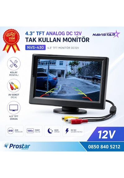 4.3 İnç Tft Analog Araç Monitörü Tak Kullan Rca, Dc 12v Geri Görüş Ekranı