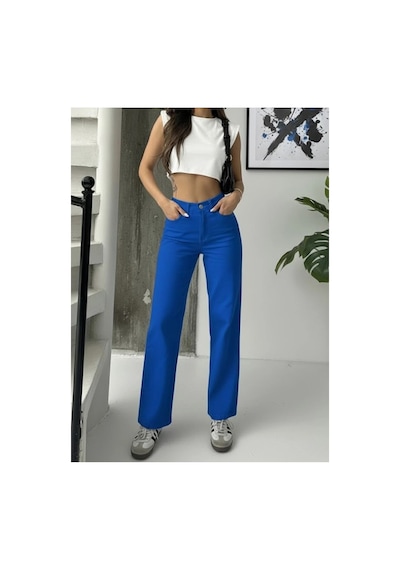 Kene Jeans Yüksek Bel Saks Mavi Keten Bol Paça Tam Kalıp Pantolon Saks Mavi