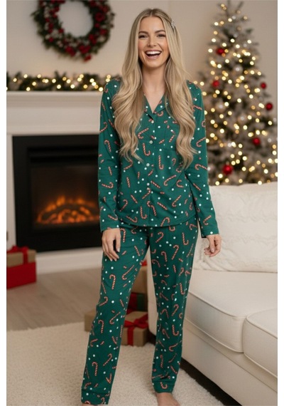 Siyah İnci Örme Düğmeli Pijama Takımı 7602 Yeşil Baston