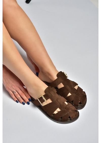 Fox Shoes Y596549502 Kahverengi Süet Tokalı Önü Kapalı Kadın Terlik