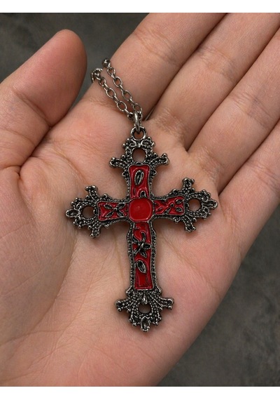 Kırmızı Detaylı Gotik Haç Kolye Unisex Metal Zincirli Çok renkli