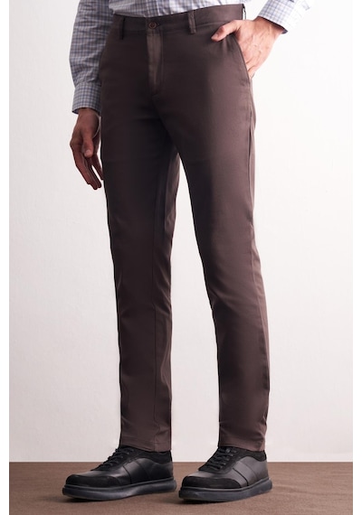İmza Koyu Kahverengi Yan Cep Düz Paça Pamuklu Slim Fit Chino Casual Pantolon 1003255165 Koyu Kahverengi