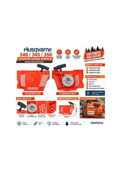 Algaride Husqvarna 340 345 350 Uyumlu Starter Kapak Komple Marş Mekanizmalı Motorlu Testere Çekme Starteri Yedek Parça