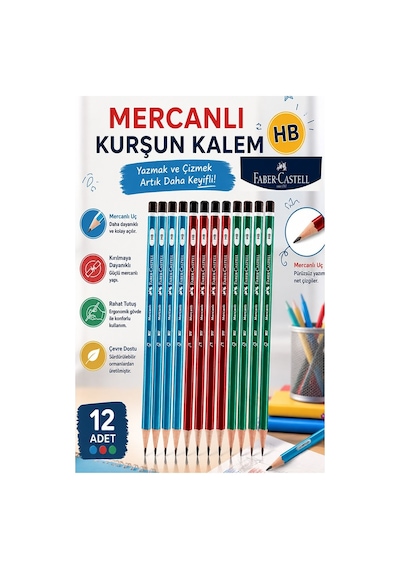Siyah Kurşun Kalem Mercanlı 12 Adet Faber Castell Mercanlı Kurşun Tahta Kalem Hb Orta Dereceli Öğrenci Kalemi Okul Çok Renkli