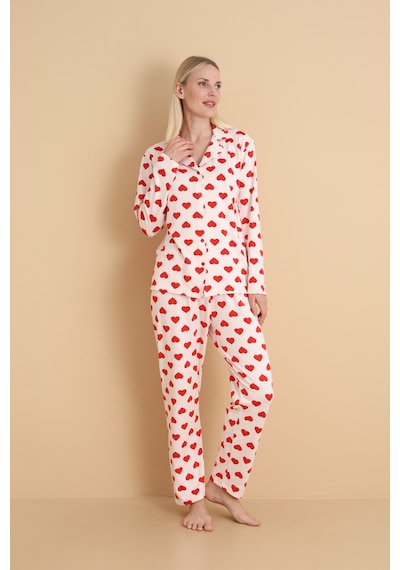 Wordex Mirano 9800 Şardonlu Soft Kışlık Düğmeli Kalp Desenli Kadın Pijama Takım Ekru