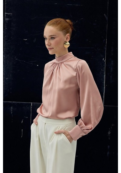 Sateen Yaka Detaylı Saten Bluz - Pembe-136727 Pembe