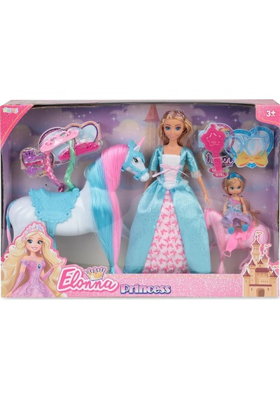 Elonna Princess Yeleli Unicorn At Ve 30 Cm Prenses Bebek Oyun Seti - Saç Aksesuarlı