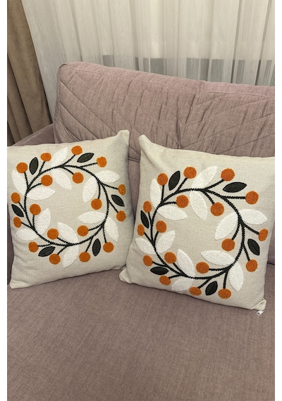 Punch İşlemeli Modern Tasarım Dekoratif 2'li Kırlent Kılıfı Nakışlı Keten 43x43 Cm Turuncu-yeşil-beyaz