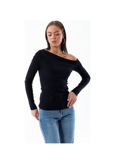 Giysa Kadın Asimetrik Yaka Uzun Kollu Basic Bluz Siyah - Ms0001283 Siyah