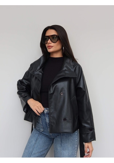 Unika Boutique Kadın Kruvaze Düğmeli Kısa Suni Deri Ceket Çok Renkli