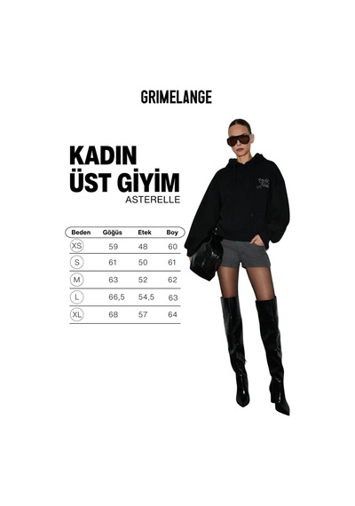 Grımelange Asterelle Kadın Pamuklu İçi Polarlı Oversize Kapüşonlu Sırtcı Patch Detaylı Siyah Sweatsh Siyah