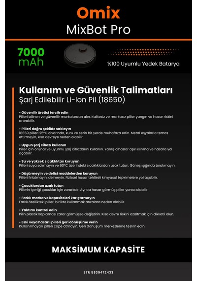 Omix Mixbot Pro 7000mAh Robot Süpürge Bataryası